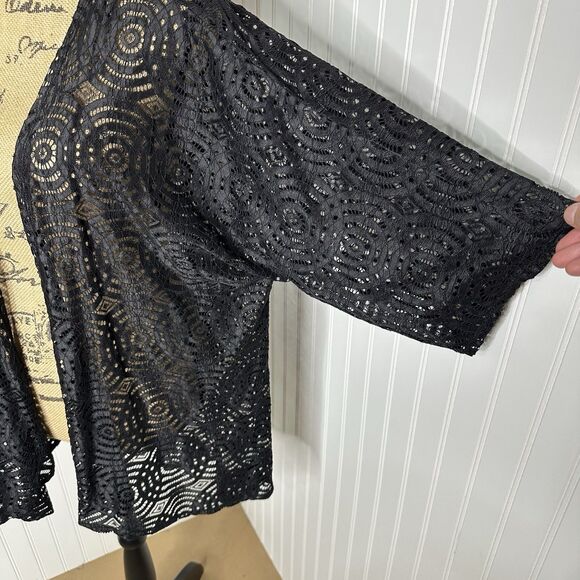 Black Lace Kimono Cardigan LuLaRoe Sz M Open Front Sheer Cover Up Boho Festival - Picture 3 of 14